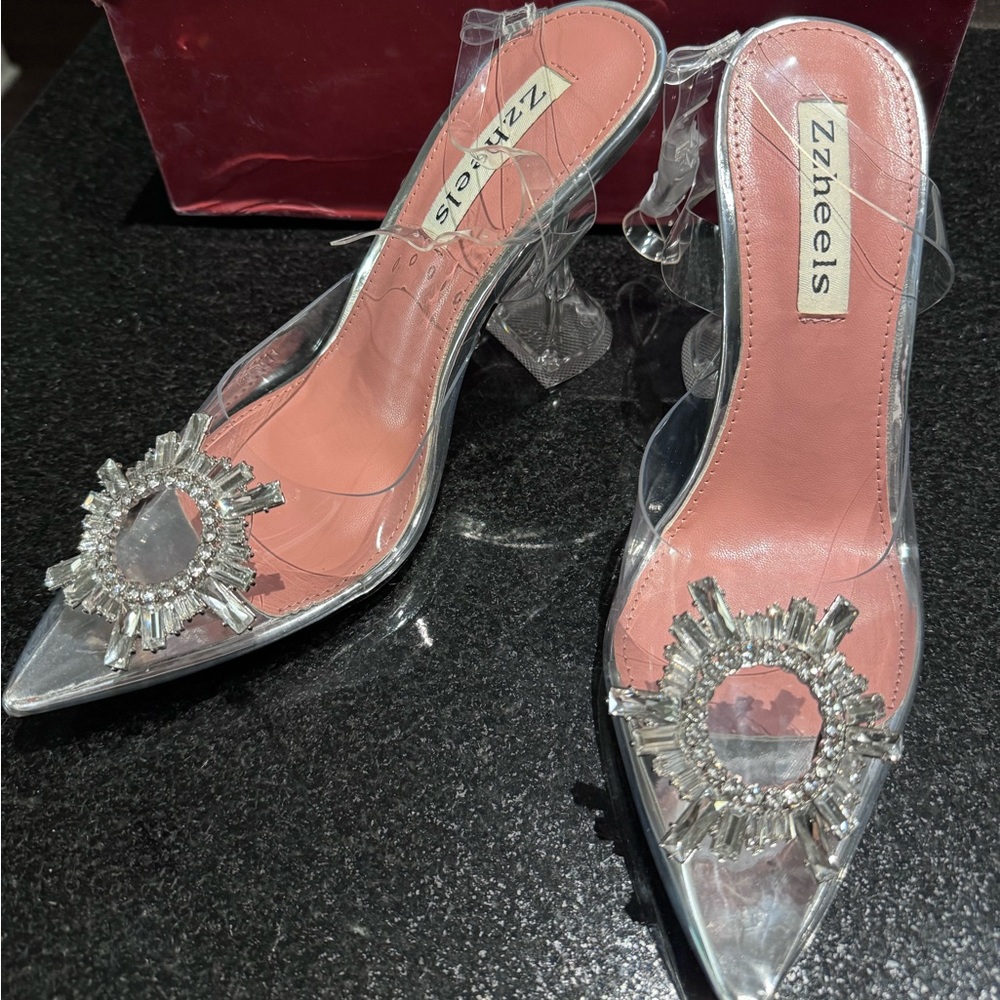 Clear closed toed heels with ankle straps
